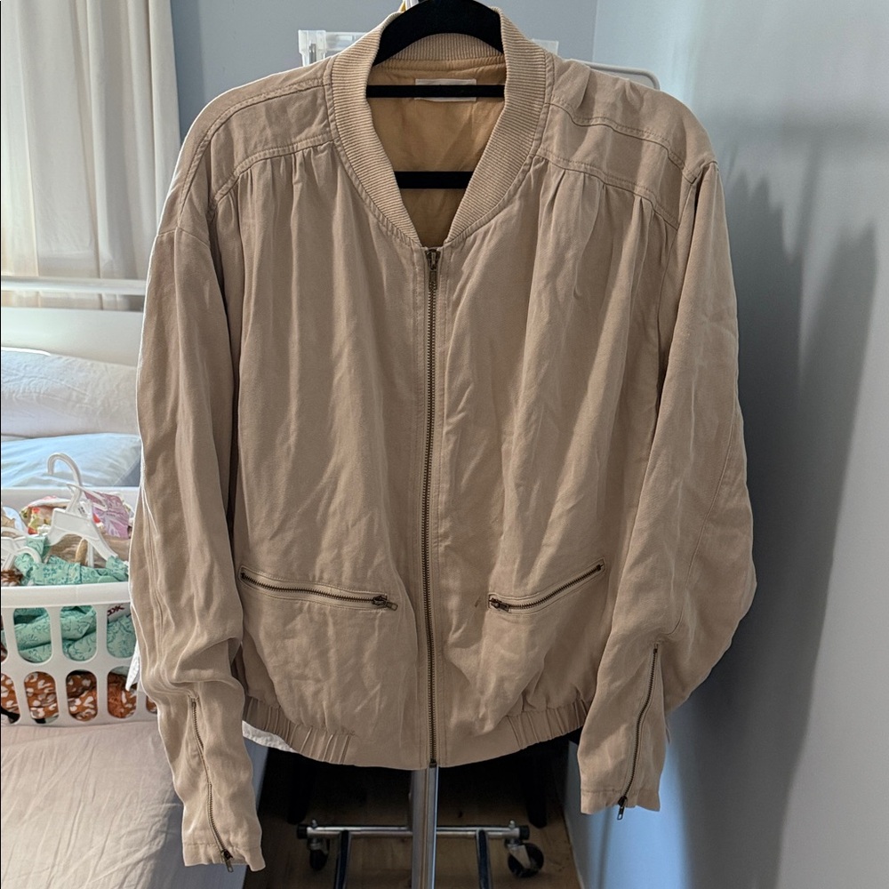 Tan Bomber Jacket with zipper sleeves